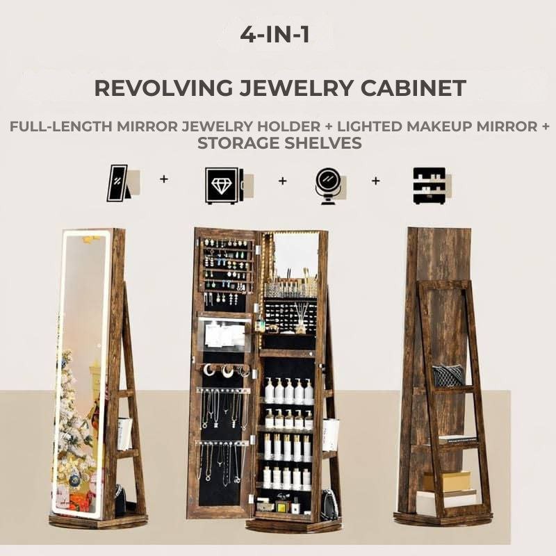 Floor-standing jewellery cabinet with LED mirror, 360° rotating organiser 😍