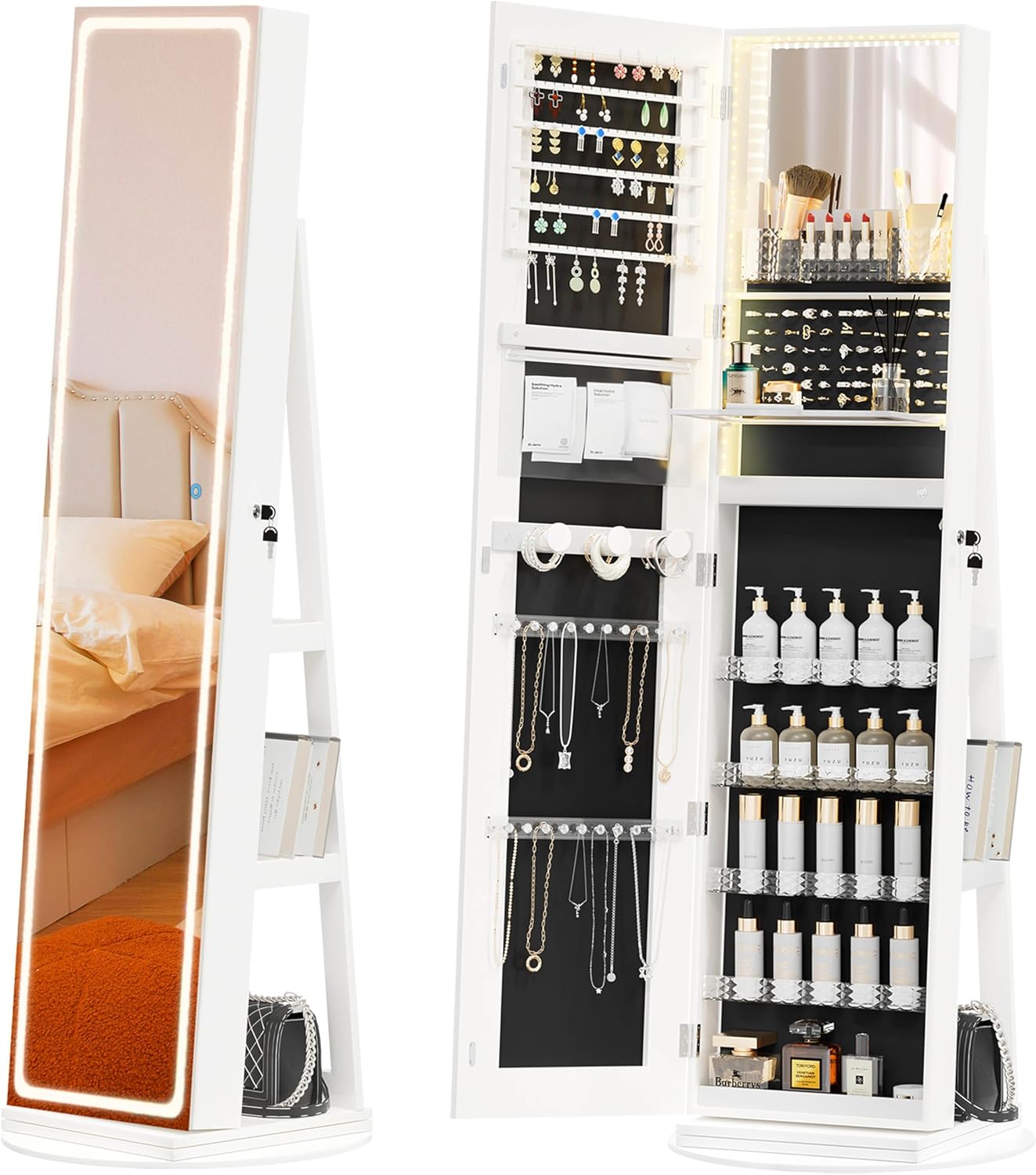 Floor-standing jewellery cabinet with LED mirror, 360° rotating organiser 😍